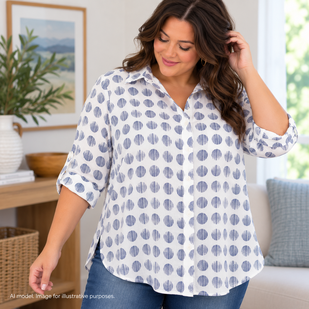 Chico Shirt 2 Women L 12/14 White Blue Circle Dot Wrinkle Resistant Boxy Career